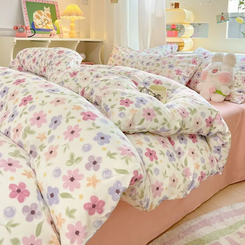 Ultra-Soft Wrinkle Gauze Washed Cotton Bedding Set: Ins Printed Duvet Cover, Sheets | 3/4 Pcs for Dorm & Home