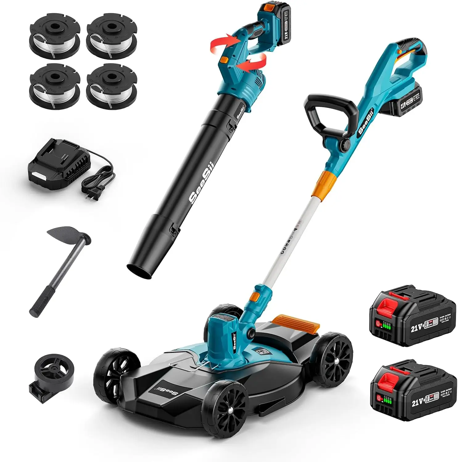 

Electric 12" Lawn Mower and Leaf Blower Combo Kit, 3 in 1 Cordless Weed Wacker Grass Eater with 1.3"/2.1" Height, Battery String