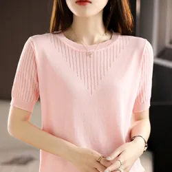 2024 New Summer Fashion Hollow Short-Sleeved Women's Casual Joker Thin Knitted Bottoming Shirt Ice Silk T-Shirt Top