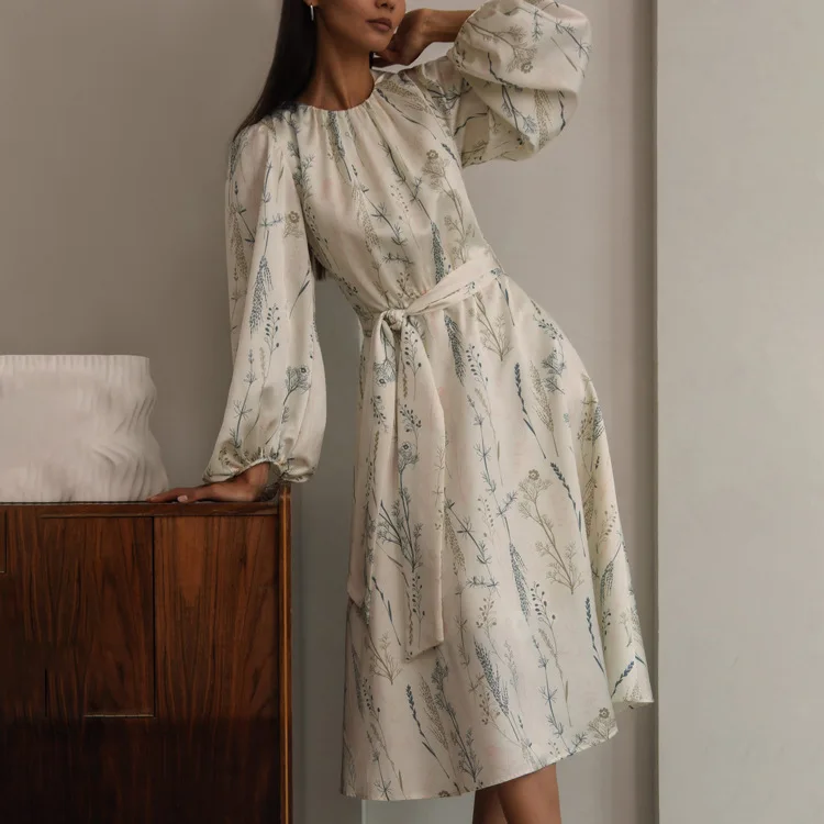 Women's 2024 New Loose Fitting With Bubble Sleeves Temperament Fashion Printed Long Dress A-line Skirt