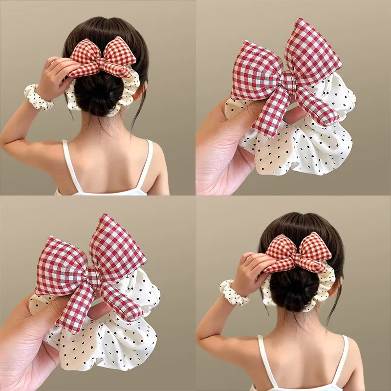 Niedliches kariertes Haarband mit Schleife und Punkten für Mädchen und Kinder, süßes Haarschmuckstück, Scrunchie, Haargummi, Haarring, Haar-Accessoires – Detail 1