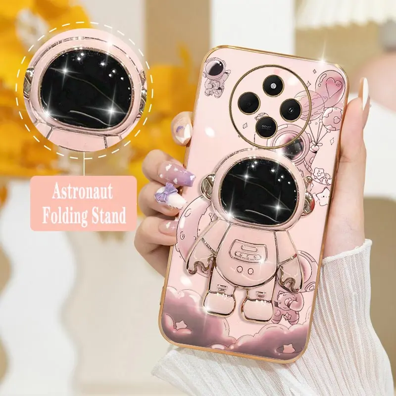 14 C Cartoon Astronaut Plating Phone Holder Case For Redmi 14C 12C 13C 12 13 10C 10 10A A3 A1 Turbo3 9 9CNFC 9T 9A 8 8A A1 Cover