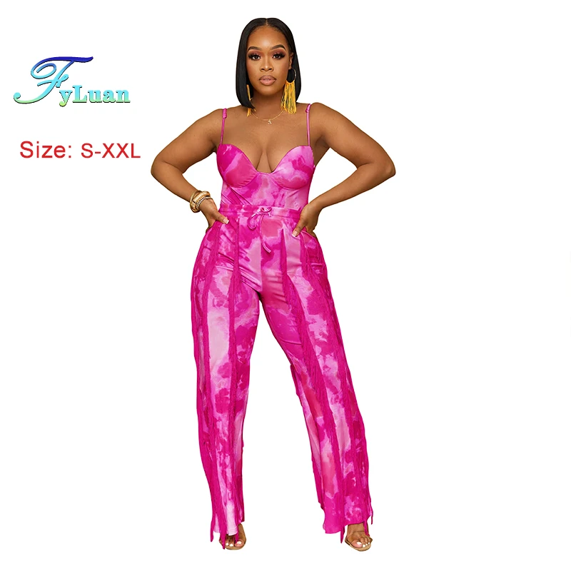 

Summer European And American Women's Sets Print Tassels Sexy Suspender Romper Pants And Loose Trousers Female Two-Piece Set Prom