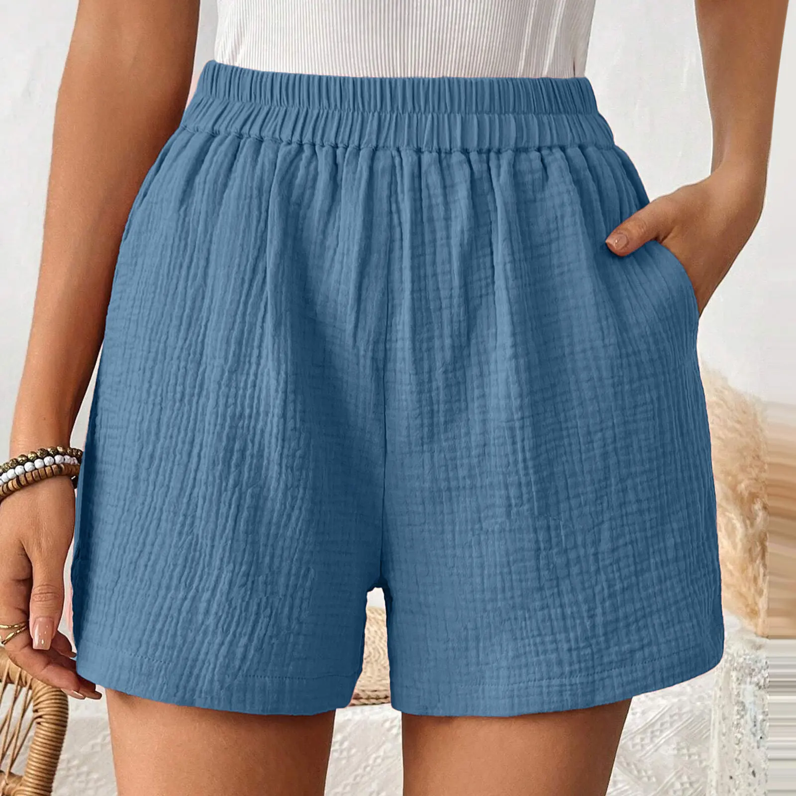 Women\'s Double Layered Cotton Pleats Shorts Straight Leg Casual Pants High Waist Sports Loose Shorts Fashion Streetwear 2024