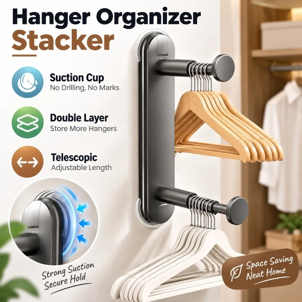 Suction Cup Hanger Organizer Stacker Telescopic Non Punching Clothes Rack Organizer Double Layer Space Saving