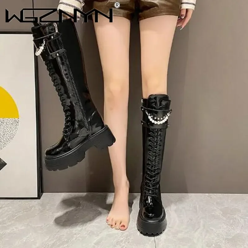 Winter Leather Warm Plush Boots Women Pearl Knee High Boots Casual Chunky Punk Shoes Woman 8.5CM High Heels Platform Long Boots