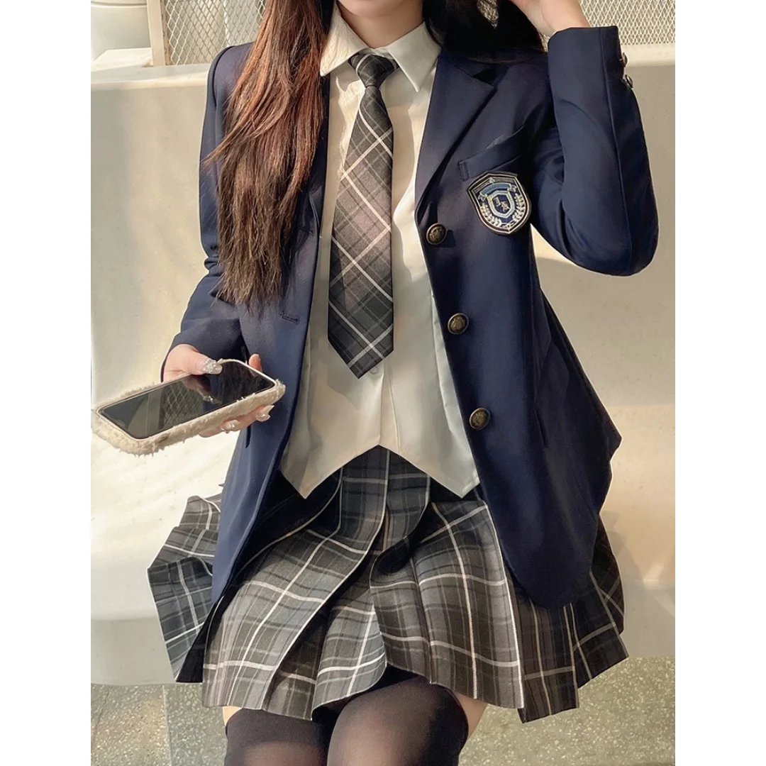 Japanische Schuluniform jk Anzug Mädchen lange Blazer Krawatte Plaid Rock weißes Hemd Medaille fünfteilige Frauen sexy Frühling und Herbst Anzug