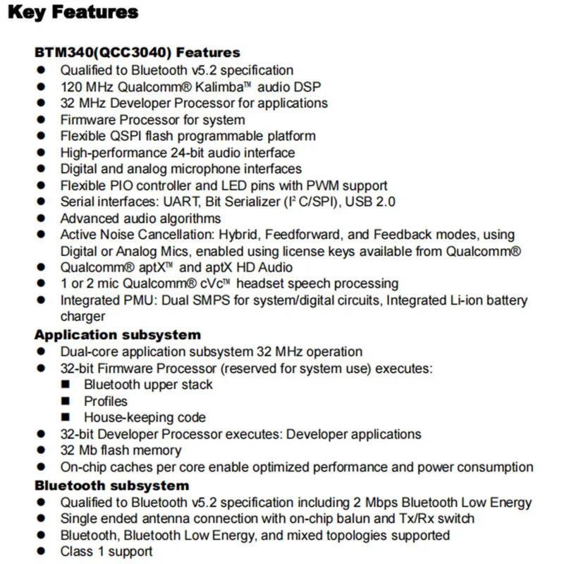 BTM340 QCC3040 Bluetooth Module for TWS APTX-HD APTX I2S IIS SPDIF Analogue Output SJR-BTM340 32M SPI FLASH