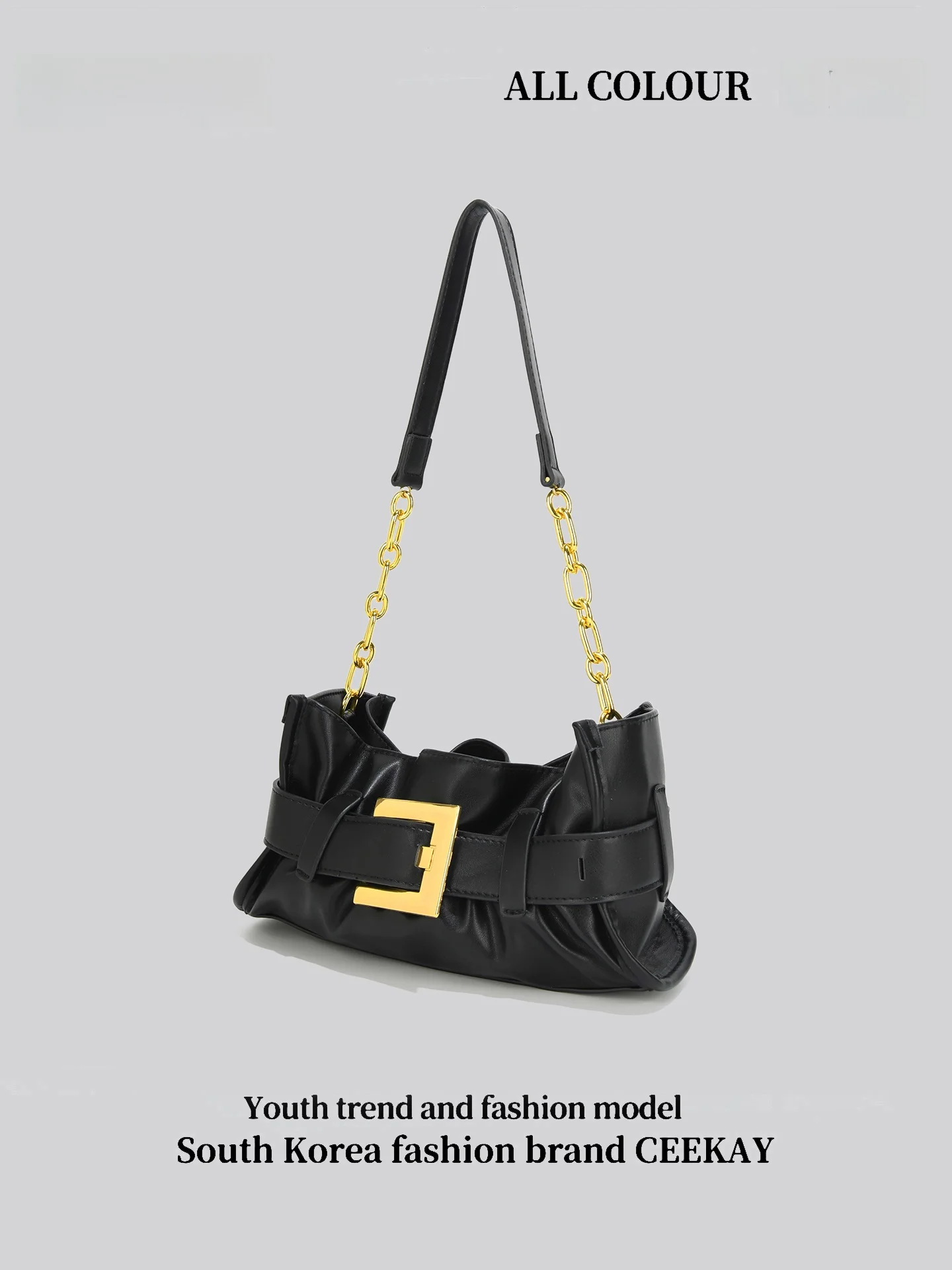 Ceekay Original Design Women's Underarm Bag Black Folded Chain Shoulder Bag Rectangular Shape Youth Fashion Autumn Collection