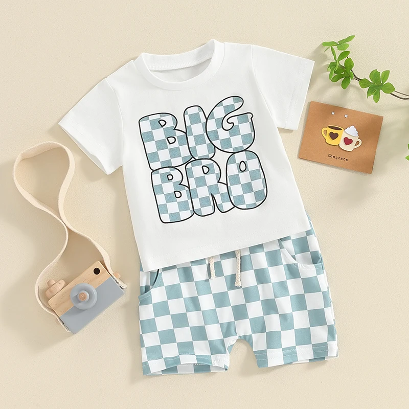 Toddler Boys Summer Outfits Plaid Print Short Sleeve T-Shirt and Elastic Casual Shorts for 2 Piece Clothes Set