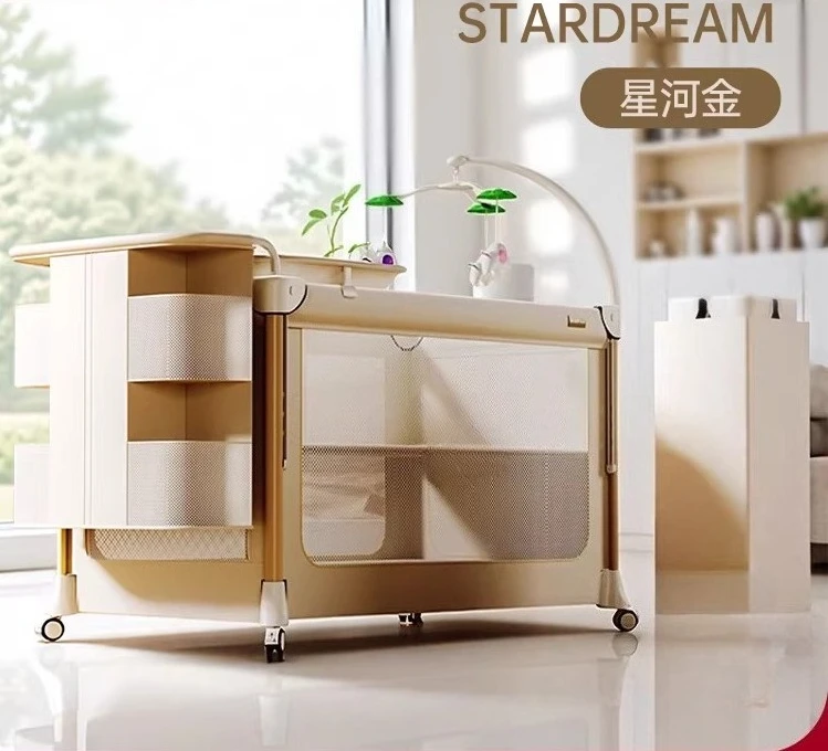 Crib Movable Splicing Queen Bed with Diaper Table Newborn Folding