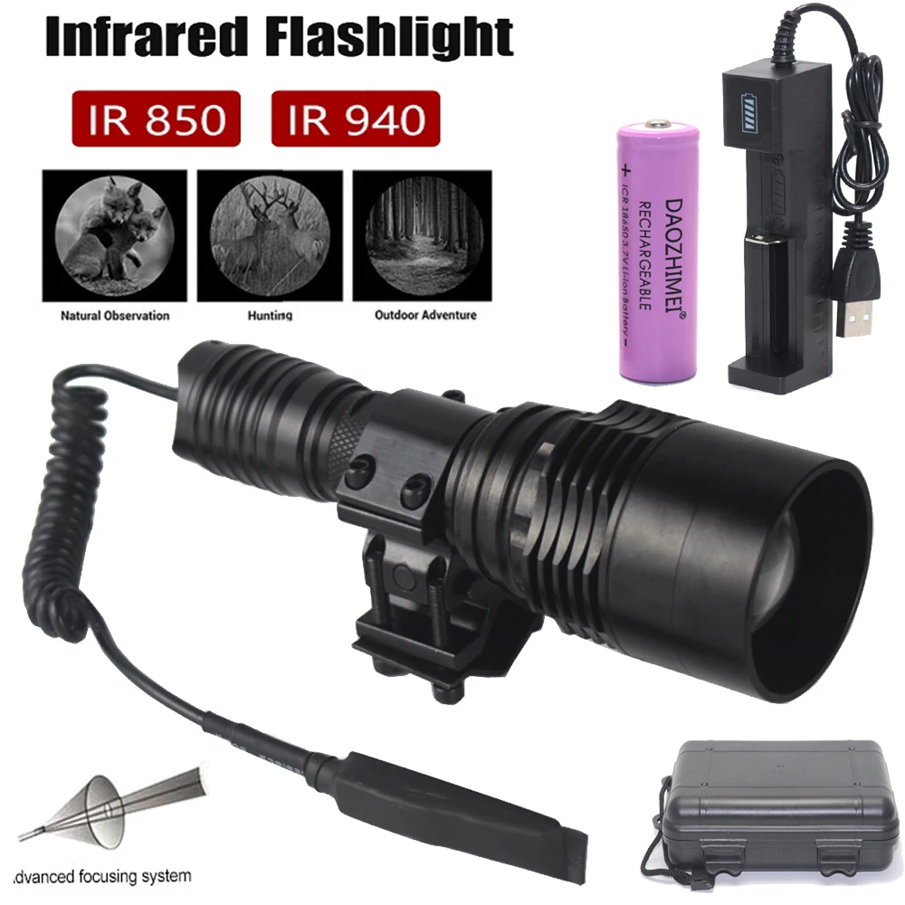 IR Hunting Flashlight 10W Infrared Radiation IR 850nm/940nm Torch Night Vision Zoomable Focus Lantern+18650+Charger+Switch+Mount