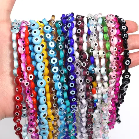 1 Strand 4 6 8 10mm Glazed Flat Round Beads Color Lampwork Evil Eye Loose Spacer Bead for DIY Crafts Garment Decor Accessories