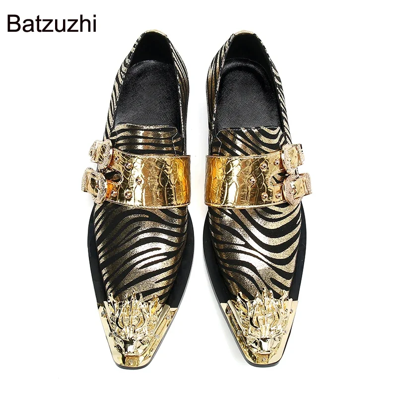 

Batzuzhi Italian Type Handmade Men's Shoes Gold Belt Leather Dress Shoes for Men Wedding Shoes and Party Zapatos Hombre, 38-47