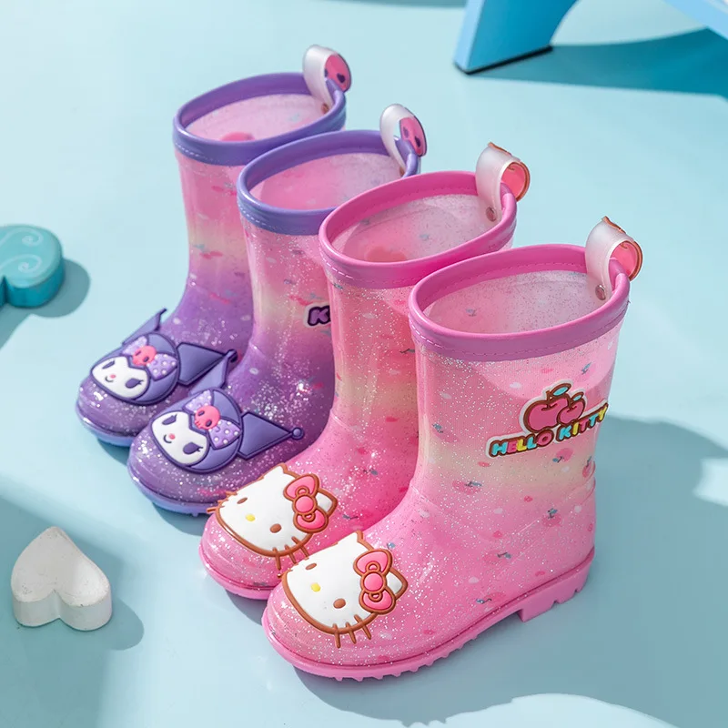 Sanrios Child Rain Boots Girl Cute Cartoon Mid-Low Tube Kuromi Anime Figure Kawaii Cartoon Crystal Rain Boots Water Shoes