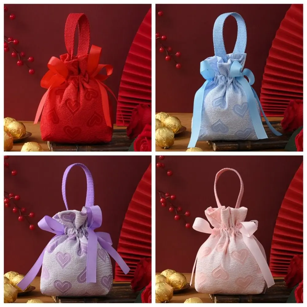 Fashion Love Heart Wedding Sugar Bag Korean Style Handle Canvas Drawstring Bag Large Capacity Coin Purse Bowknot Handbag Party