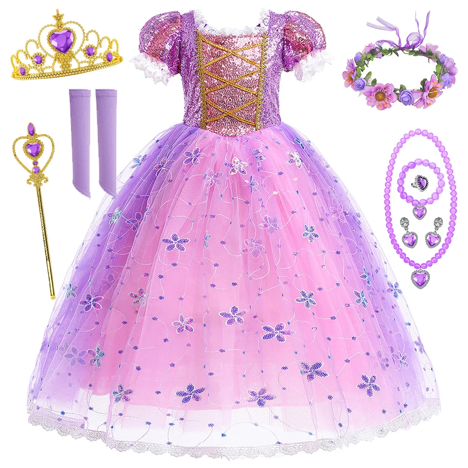 

Child Rapunzel Sequin Mesh Lace Princess Dress Floral Fluffy Halloween Xmas Gown Girls Birthday Party Fairy Tale Fantasy Frocks