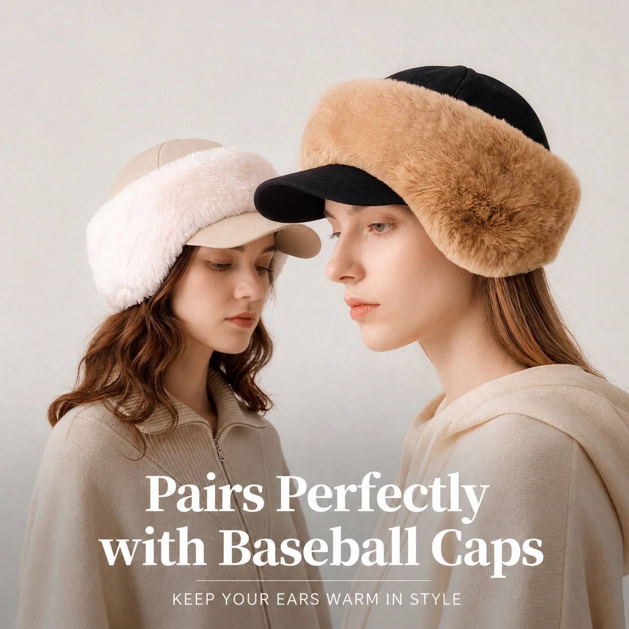 USPOP Faux Fur Ear Warmers for Women Winter Warm Plush Earmuffs for Baseball Caps Adjustable Soft Ear Covers