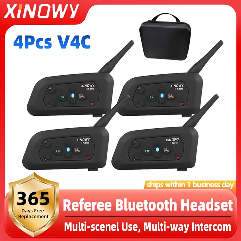 XiNOWy 4Pcs V4C Football Referee Bluetooth Intercom Headset Ear Hook Earphone Interphone With Handbag IPX5 Waterproof Denoise