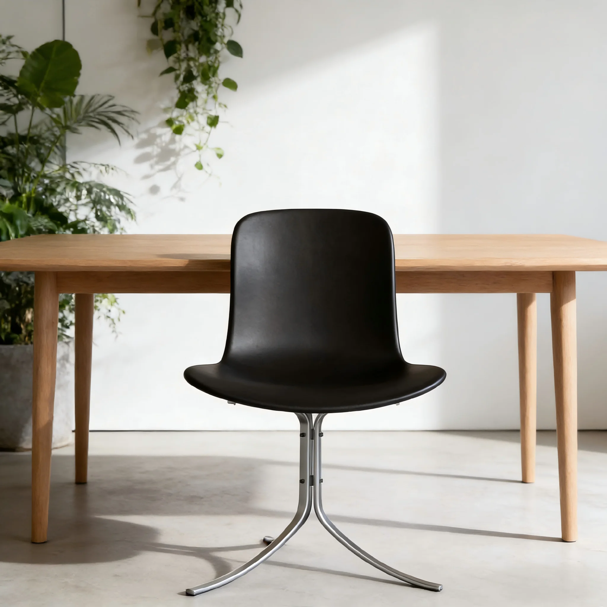 

Черный современный обеденный стул с изогнутым каркасом середины века, тканевой обивкой и прочными металлическими ножками для комфортного сидения.