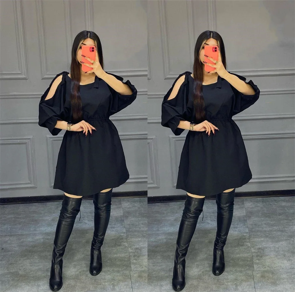 

SKMY Spring Summer Women Clothing Fashion Strap Hollow Out Off Shoulder Solid Color Black Dress Party Night Club Outfit