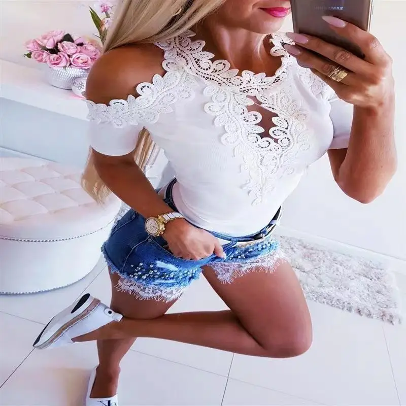 

Lace ort Sve Women's T-irt Casual Sle Slim Fit Polyester Fabric Printed Design Summer Collection Ladies' Top