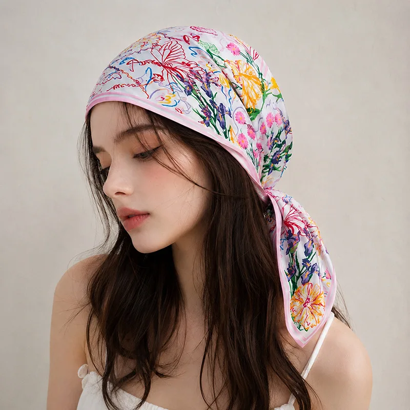 Square Scarf Sweet French Floral Butterfly 55cm Polyester Lightweight Multicolor Women Travel Head Wrap Bag Decoration Vintage