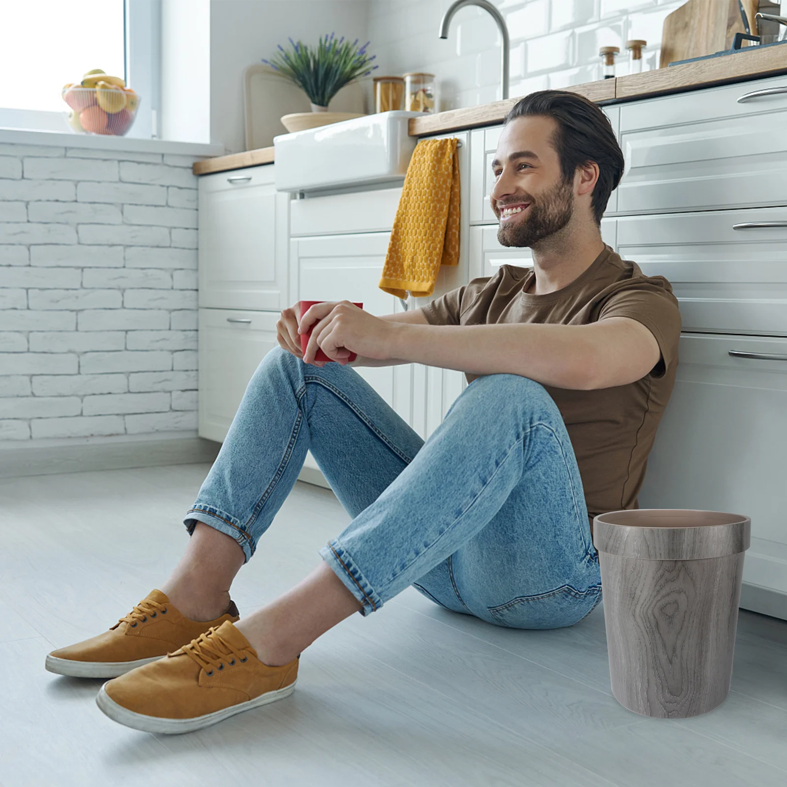 

Imitation Wooden Trash Can No Lid Home Office Bathroom Kitchen Long Life Pressure Ring Design Waste Container