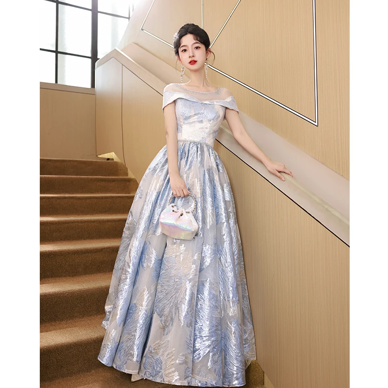 

Blue Prom Dresses For Graduation Party Elegant Scoop Neck Off The Shoulder Floor-Length Ball Gown Women Birthday Dresses