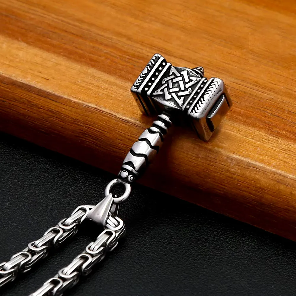 Vintage Mjolnir Thor Hammer Pendant Necklace Stainless Steel Viking Odin Rune Celtic Knot Necklace Street Male Fashion Jewelry