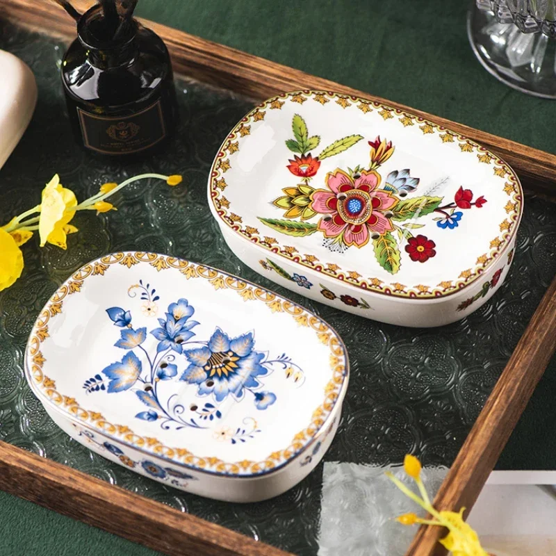 French Soap Box Ceramic Drain Holder Flower Pattern Design Soap Dish Toilet Soap Storage Rack Bathroom Accessories 2024 New