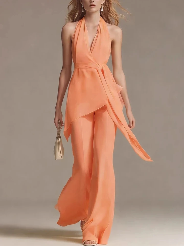 

Женский сексуальный комплект из двух предметов: топ с вырезами и V-образным вырезом на спине, а также брюки. Летний однотонный шифоновый наряд для вечеринок и повседневной носки.