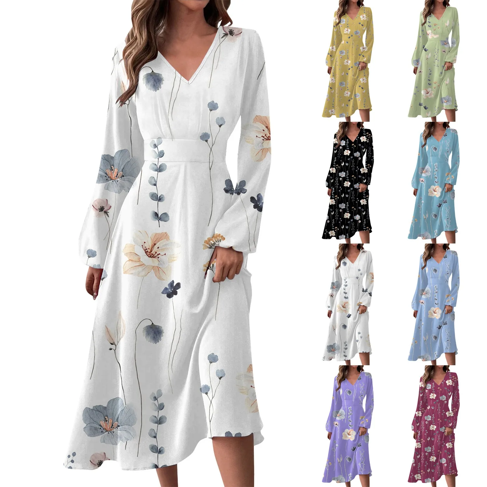 

Women's Autumn And Winter Casual Fashion V-neck Long Sleeve Floral Print Long Dress Women Dress 2024 Trend Womens Summer Dresses