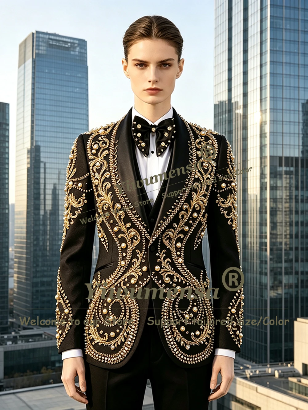 Intricate Hand Pearls Beading Suits Women Formal Wear Shawl Lapel Prom Blazer Vest Pants 3 Piece Bride's Mother Dress Customized