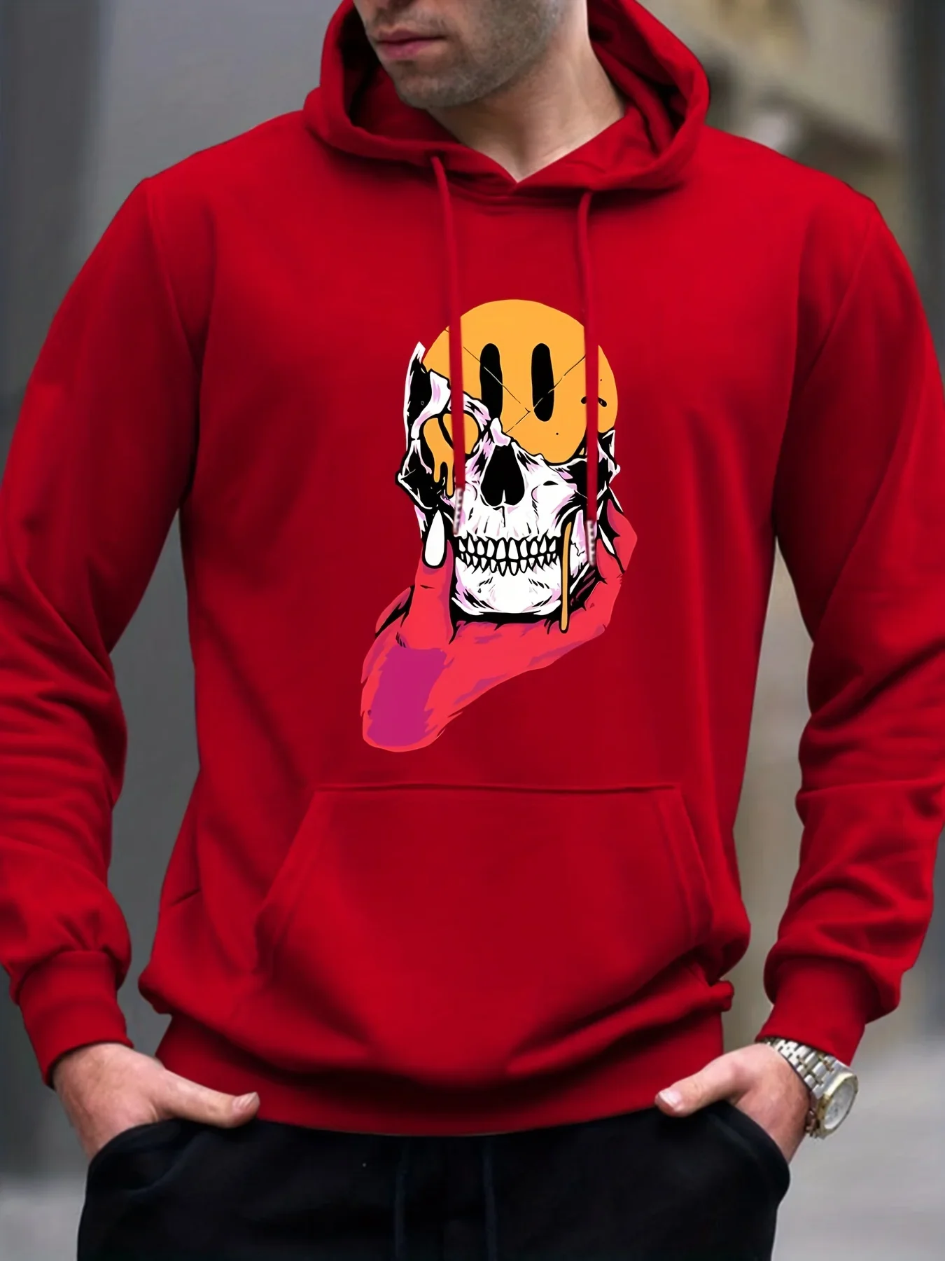 Unisex Fleece Hoodie Street Graffiti Broken Smiley Skull Demon Hand Front Large Graphic Loose Pullover Sweatshirt Autumn Winter