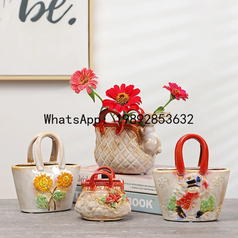 

Ceramic Vase Cartoon Handbag Embossed Flower Vase Floral Arrangement Accessories Ceramic Handicraft Home Decoration