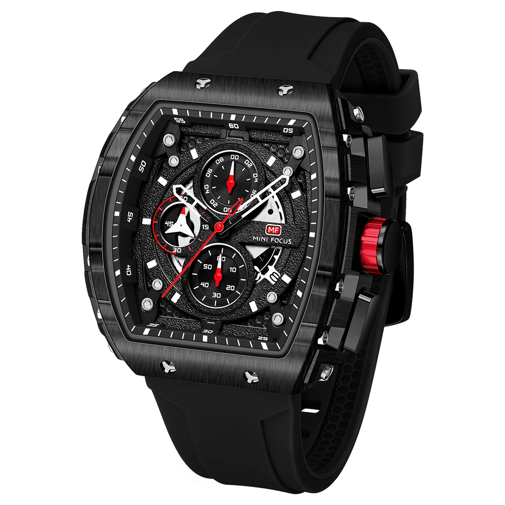 

MINI FOCUS Men’s Outdoor Sport Barrel Watch – Gradient Skeleton Dial, Curved Glass, Waterproof Wristwatch