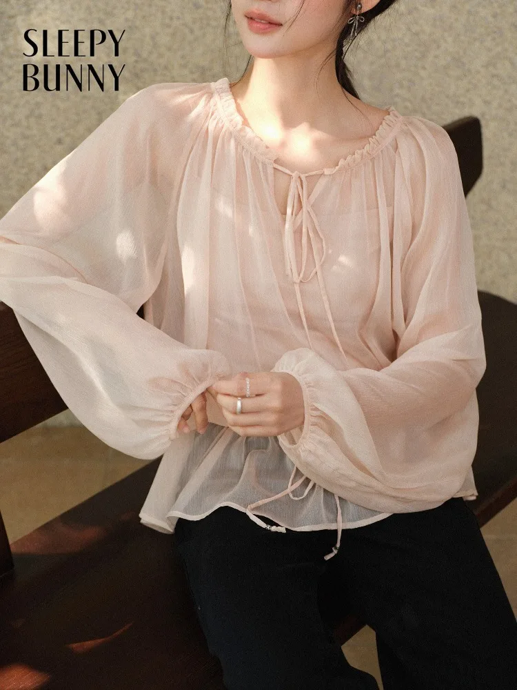 

Women Ruffled Sweet Chiffon Shirt Lady French V-neck Tie Lantern Sleeve Blouse Spring Trendy Casual Daily Top Feminine Style