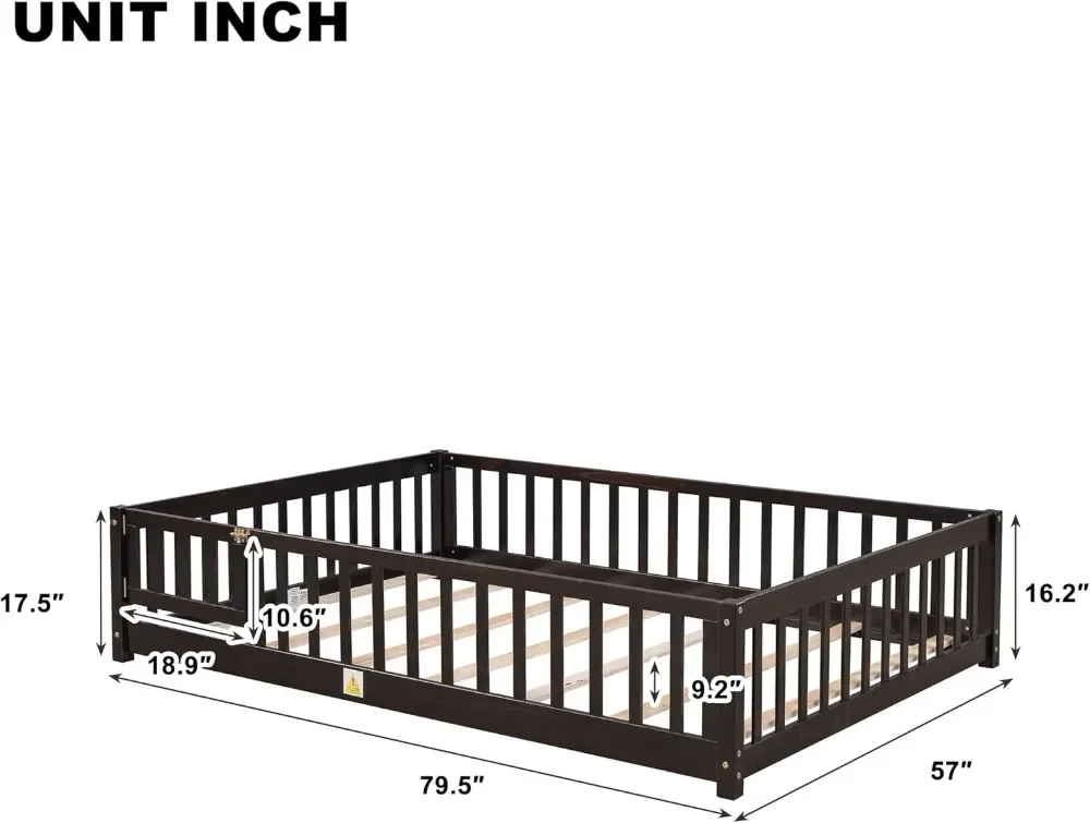 Floor Bed for Kids Full Size Montessori Bed Frame with Fence Railings & Support Slats, Wooden Playhouse Beds for Boys Girls