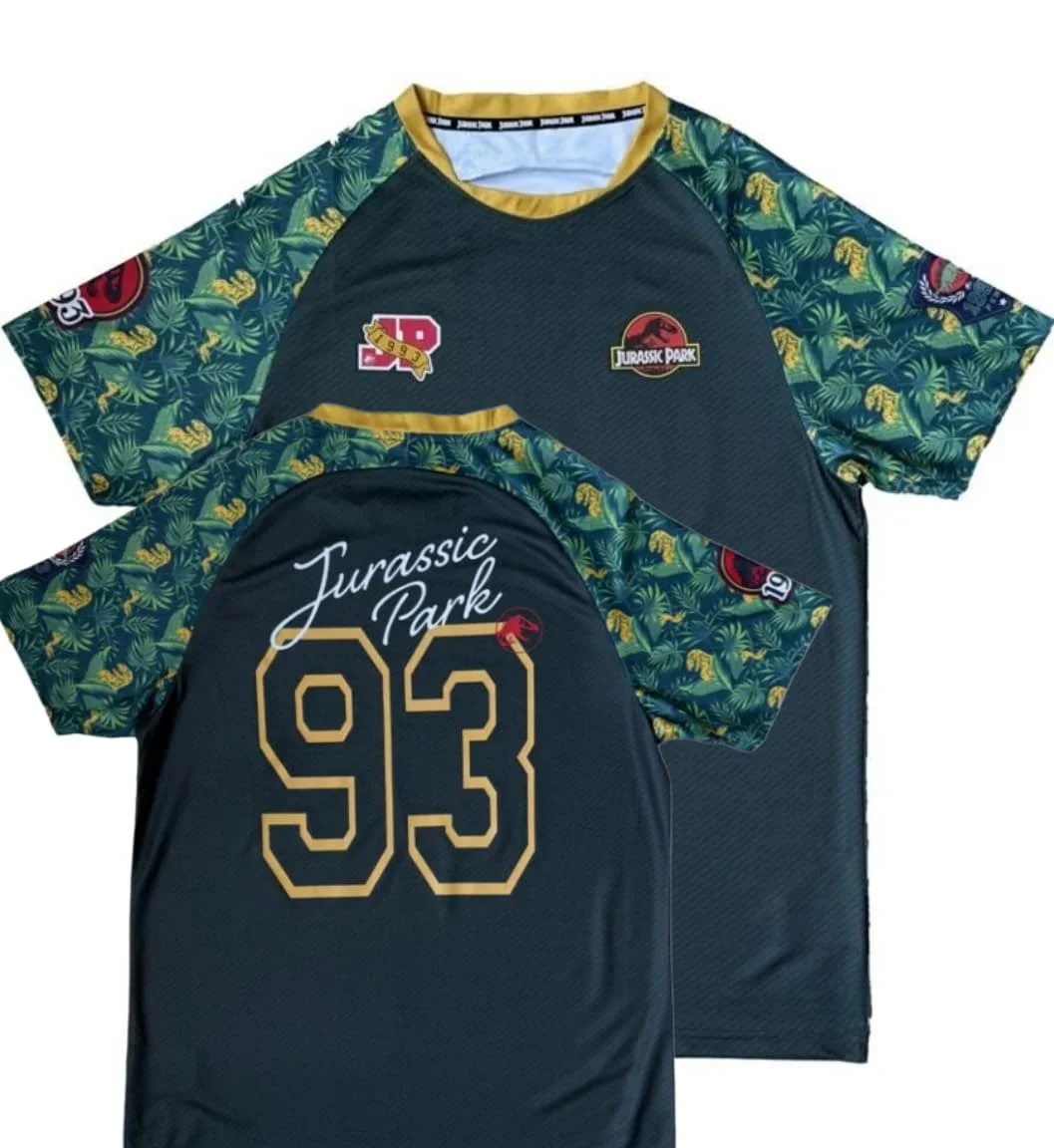 Jurassic Park Men Raglan T-shirt Jungle Dinosaur Print Back Number 93 Short Sleeve Football Jersey Summer Streetwear Male Tops