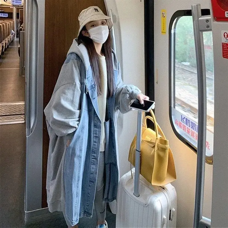

2026 New Women Retro Denim Knitted Patchwork Hooded Jacket Mid Long Loose Casual Trench Coat Streetwear Outwear
