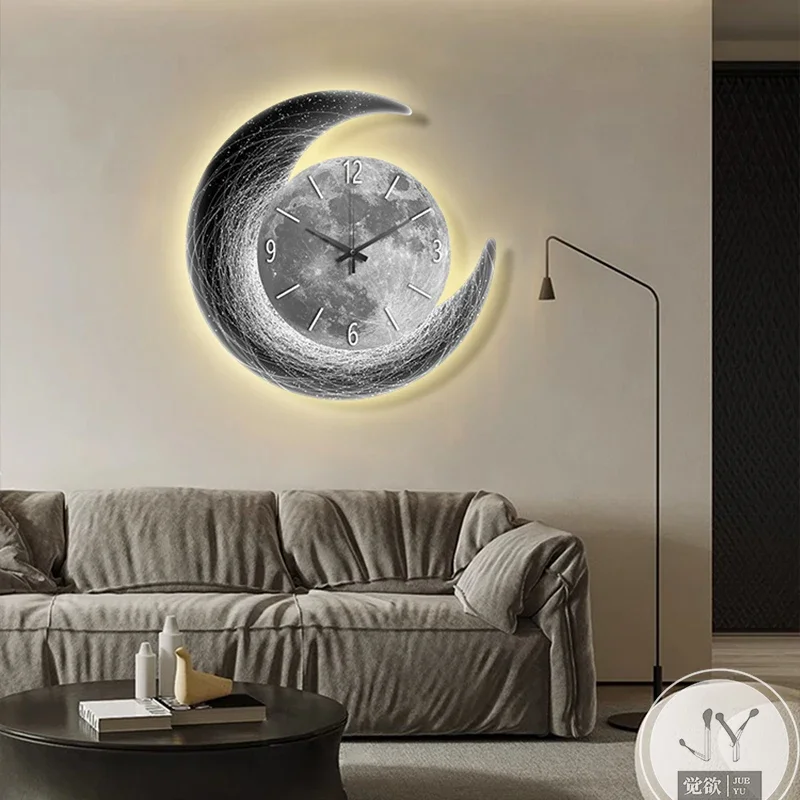 Modern Moon Phase Wall Clock with LED Light and Painting Luxury Silent Night Light Living Room Dining Room Artistic Glow Decor