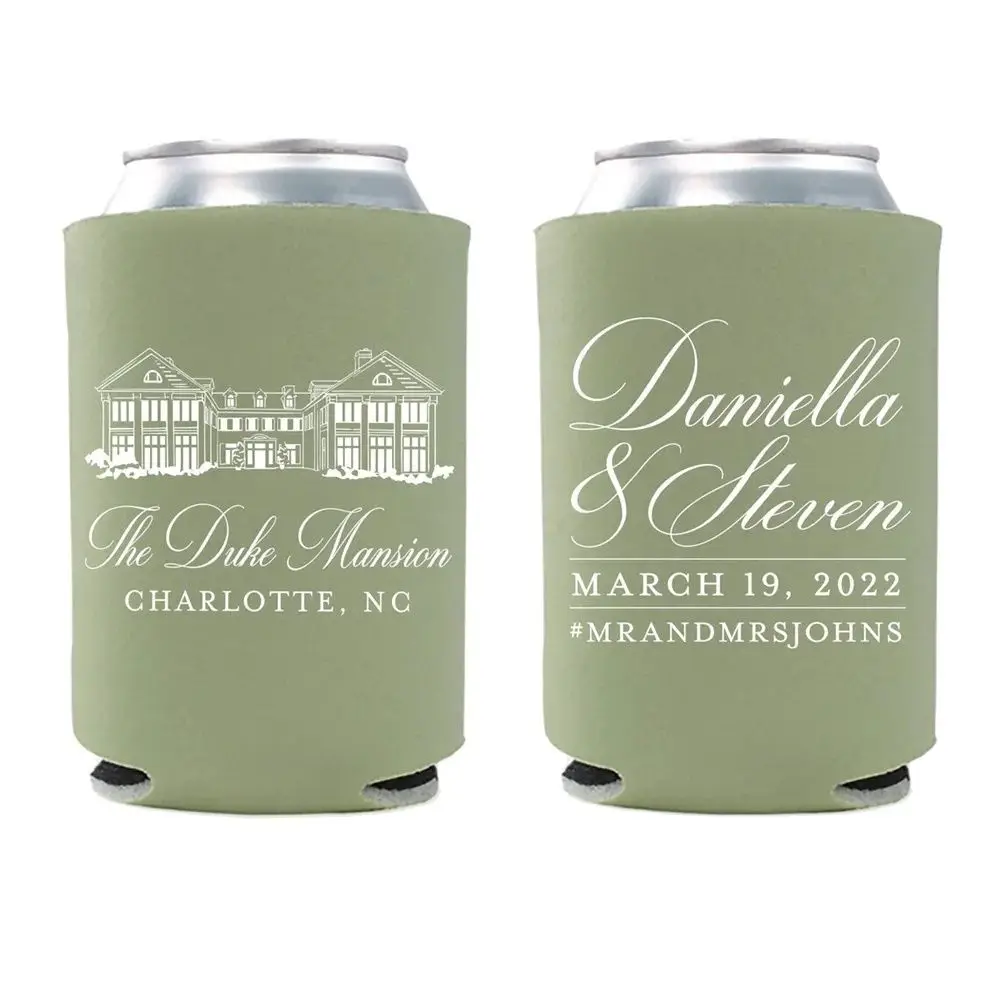 

Wedding Can Cooler #189R - Custom Venue Illustration - Wedding Favors, Beverage Holder, Wedding Favor, Can Holder, Can Insulator