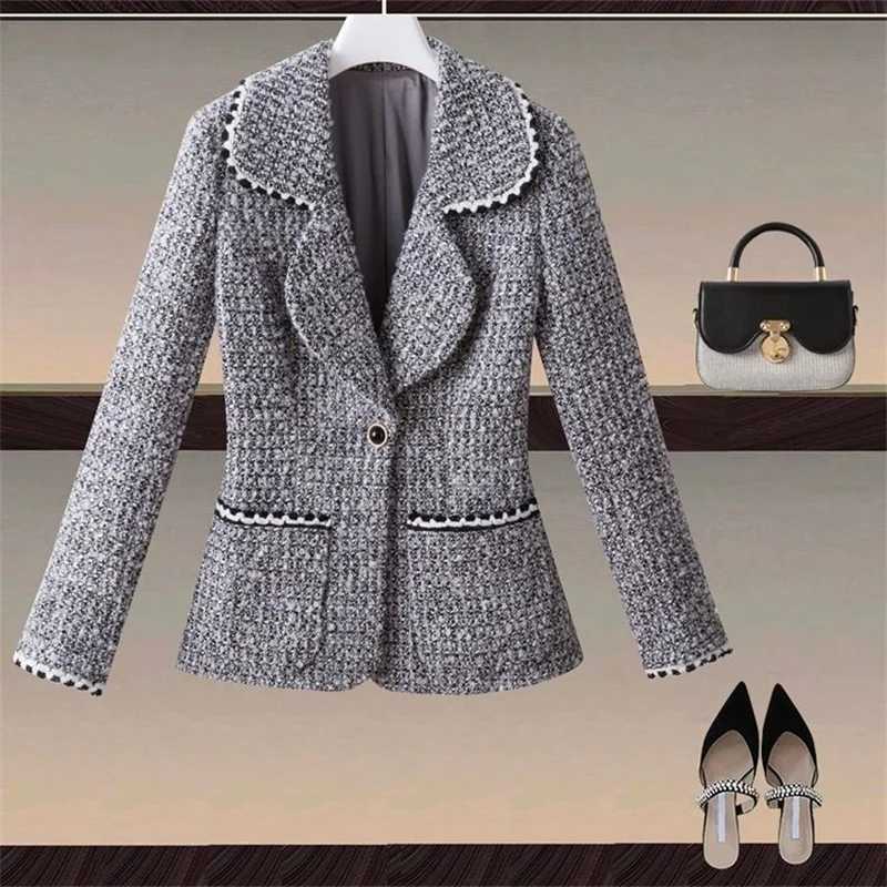 

2024 New Coarse Textile Woven Woolen Blazers Small Jacket Women Autumn Winter Fashion Slim Suit Coat Lady Outerwear Blazers Tops