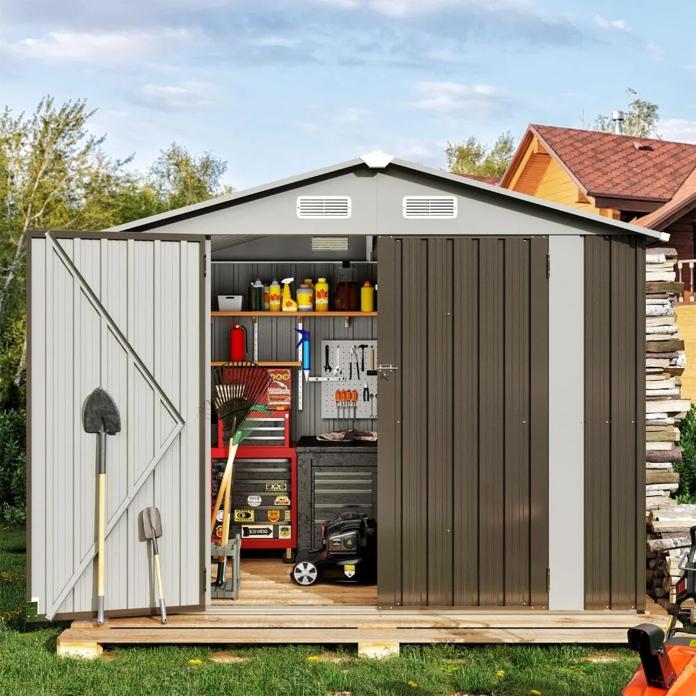 7.8’x5.8’ Outdoor Metal Storage Shed Steel Utility Tool Shed Storage With Lockable Doors Backyard Garden Buildings Tools Grey