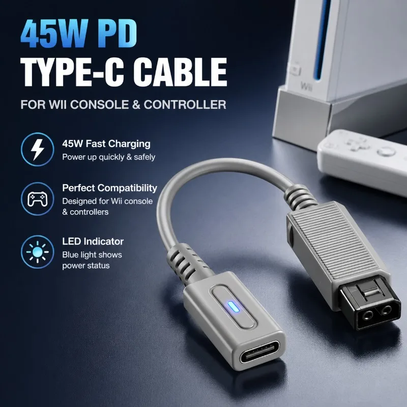 Cable USB C de 45W PD para Control de Wii, Cable Adaptador de Carga con LED para Consola Nintendo Wii, Cable de Alimentación