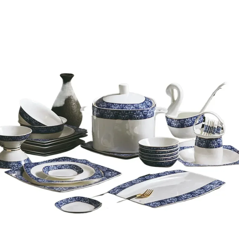 Neoclassical Chinese Tableware Bowl Set Blue and White Jingdezhen Bone China for Housewarming Wedding Gift