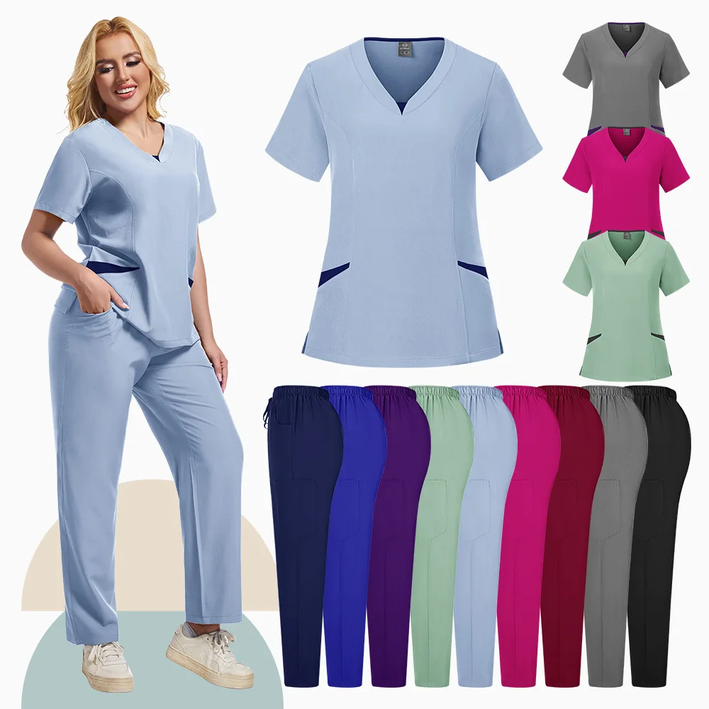 Elastyczna odzież z krótkim rękawem i dekoltem w kształcie litery V, szczotkowana do klinik dentystycznych, salonów kosmetycznych, sal operacyjnych i pielęgniarek