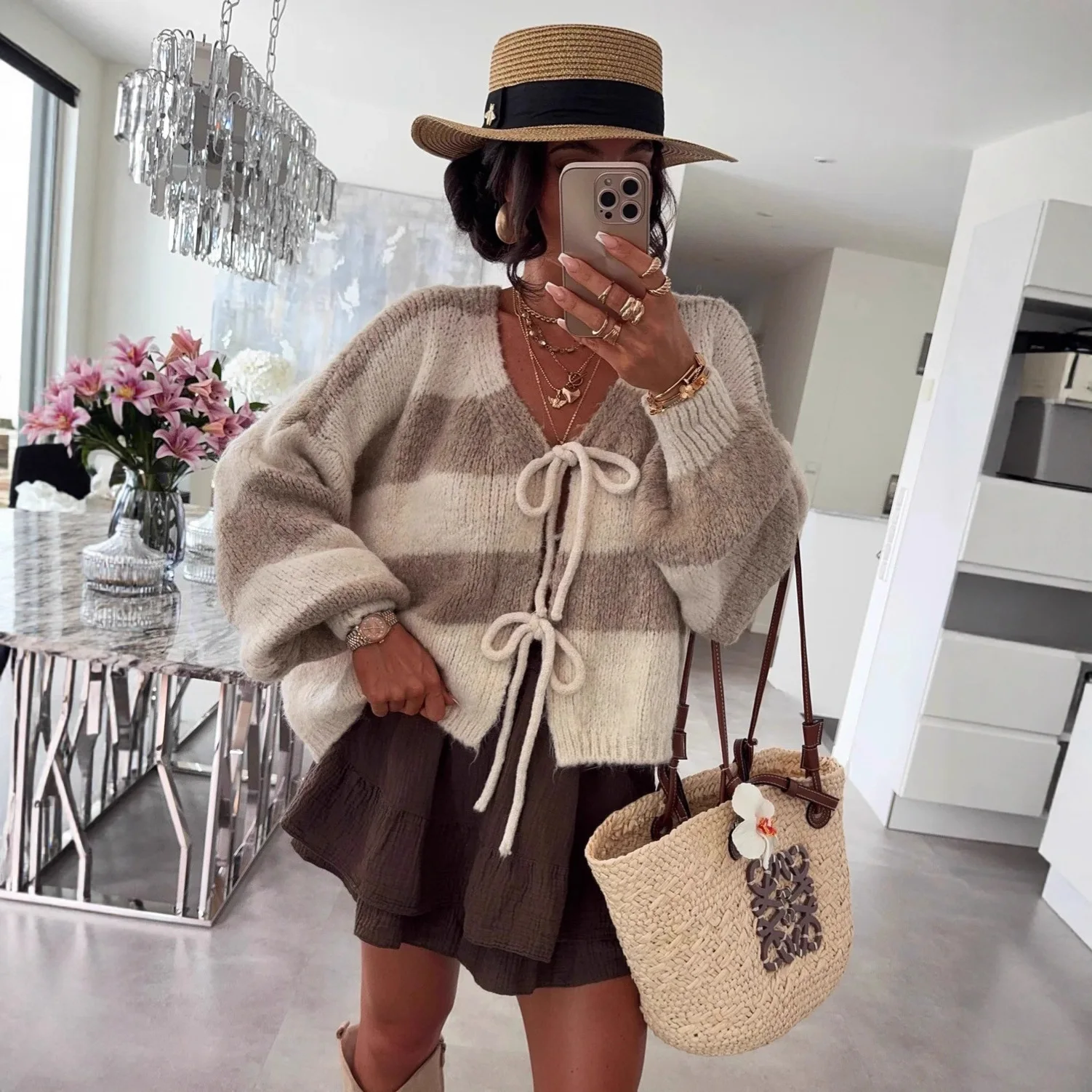 الخريف الشتاء شريط محبوك معطف المرأة أنيقة نمط الخامس الرقبة طويلة الأكمام Bowknot الدانتيل متابعة سترة سيدة تريكو الملابس معاطف #3