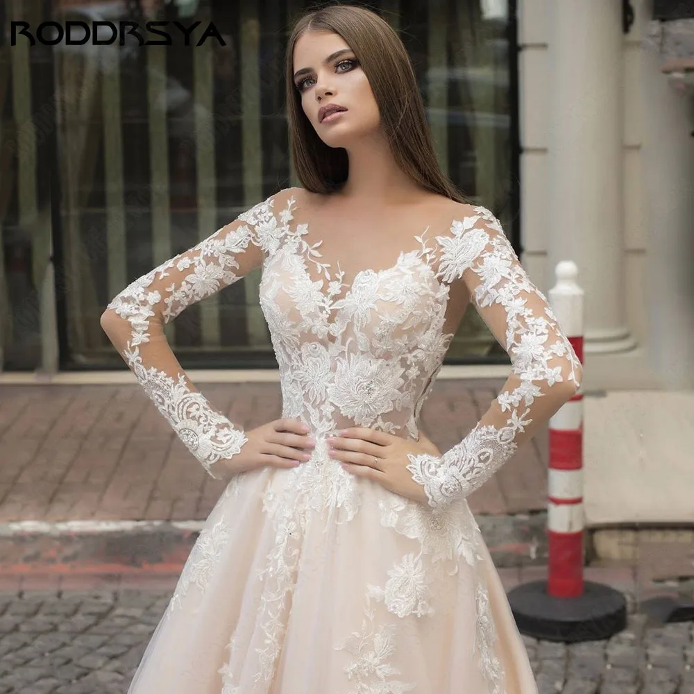 RODRSYA Praia Manga Longa Vestidos de Noiva Para Noiva Decote Colher A Linha ApRODDRSYA Praia Manga Longa Vestidos De Casamento Para Noiva Scoop Neck A Linha Aplique See-Through Applique Vestido De Noiva Robe De Mariée